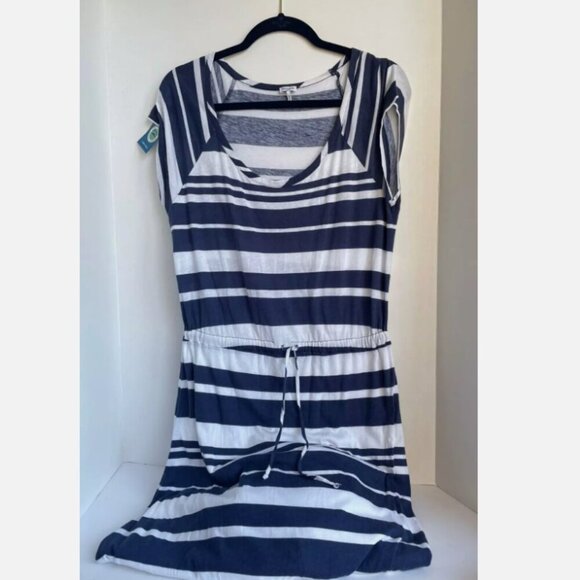 Splendid Maxi Dress Large Blue White Stripe Short Sleeve Scoop Neck Column - Picture 6 of 7